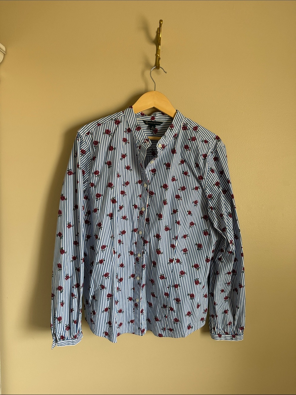 Brooks Brothers White and Blue Striped Button-Down with Red Floral Print